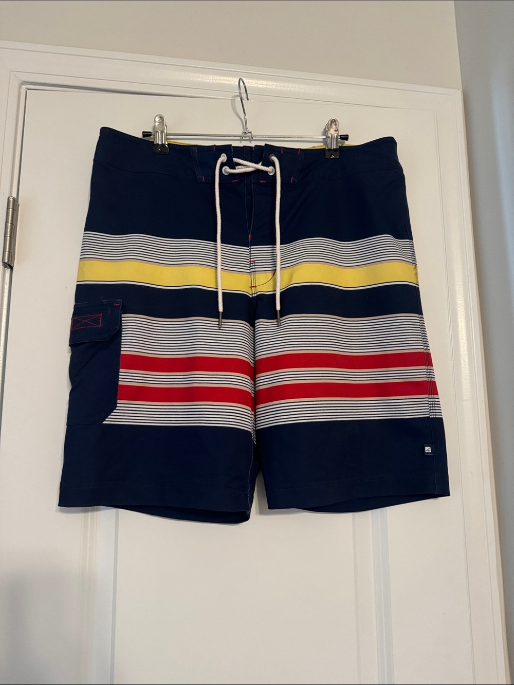 Sperry Navy Board Shorts with Yellow & Red Stripes